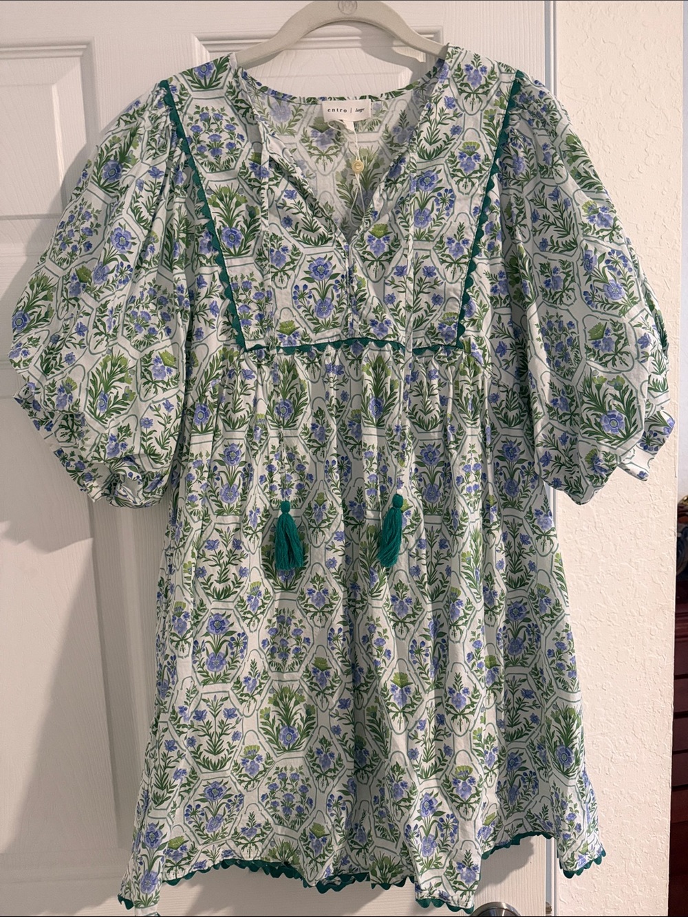 entro Blue and Green Floral Tassel Casual Dress